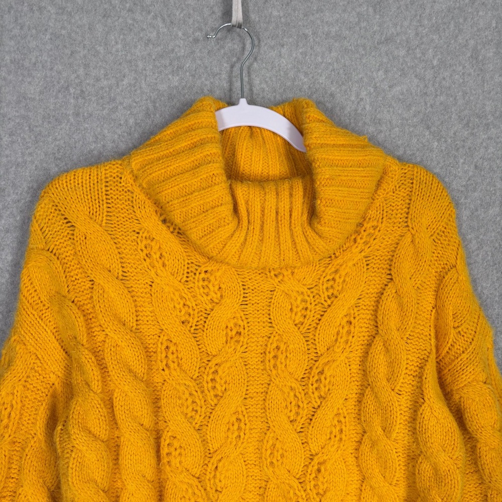 SUN MOON Cable Knit Turtleneck Sweater‎ XS Mustard Marigold Crop Cozy Flare Bell - Picture 2 of 10